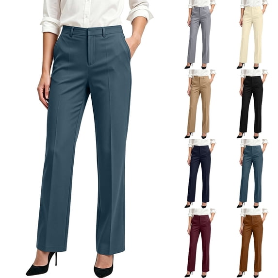 Qingpeng Womens High Waist Solid Suit Pants Side Pockets Straight Bootcut Business Office Formal Trousers for Work Daily Wear