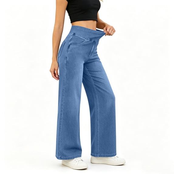Qingpeng Womens High Waisted Elasticated Wide Leg Jeans Soft Slim Solid Color Denim Pants with Pockets Casual Trousers