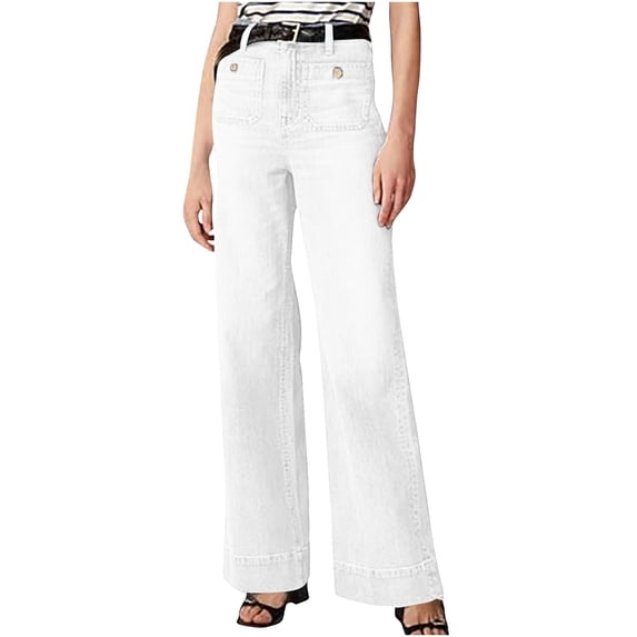 Qingpeng Womens High Waisted Wide Leg Denim Pants Button Front Work Jeans with Pockets for Office Work and Casual Wear