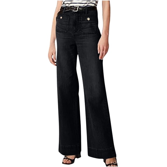 Qingpeng Womens High Waisted Wide Leg Denim Pants Button Front Work Jeans with Pockets for Office Work and Casual Wear