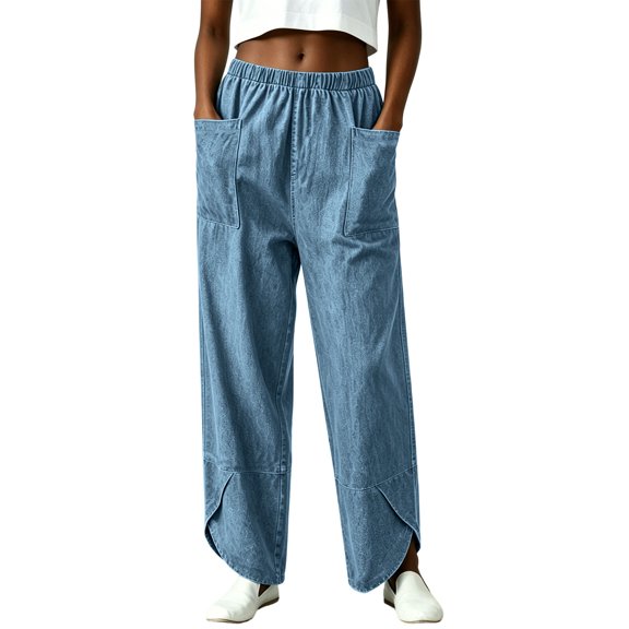 Qingpeng Womens High Waisted Wide Leg Pants Elastic Waisted Curved Seam Hem Detail Casual Trousers with Patch Pockets