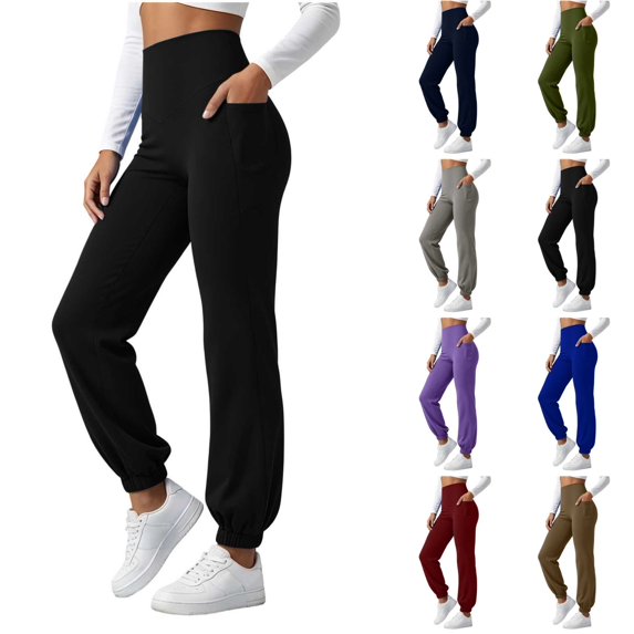 Qingpeng Womens High Waisted Yoga Jogger Pants Stretch Cuffed Trousers Breathable Gym Running Daily Sports Pants with Side Pockets