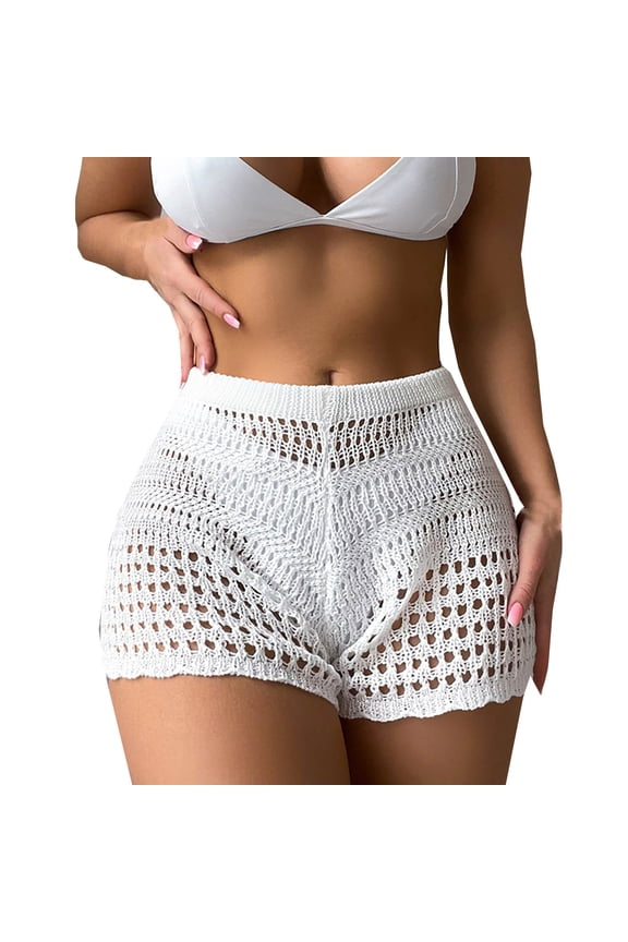 Womens Hollow Out High Waisted Crochet Knit Shorts Scalloped Hem Sheer Cover Up Beach Short Pants