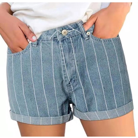Qingpeng Womens Jean Shorts High Waisted Striped Printed Stretchy Button Rolled Cuff Denim Shorts Casual Summer Shorts with Pockets