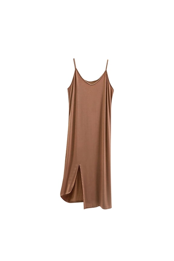 Womens Knit Long Nightgown V Neck Sleeveless Spaghetti Strap Side Slit Loose Fit Comfy Sleep Dress