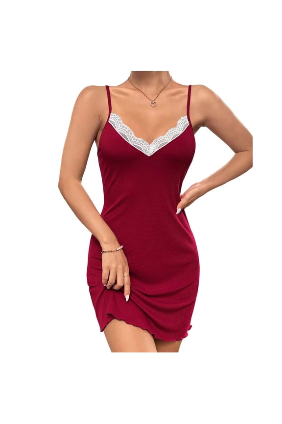 Womens Lace Nightgowns Spaghetti Strap Camisole Sleeveless Soft Sleepwear Sleep Dress Lettuce Hem Nightwear