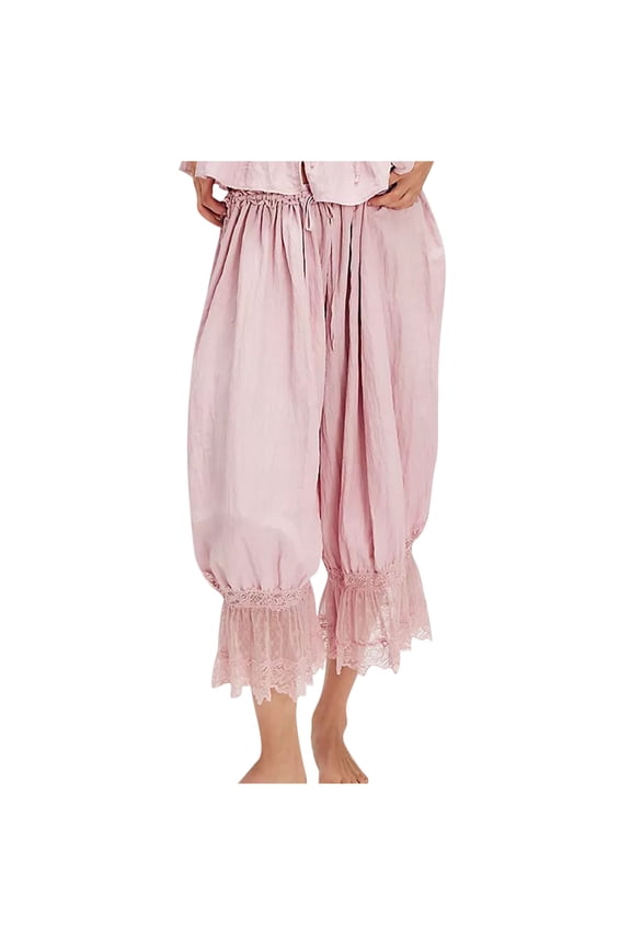 Womens Lace Trim Long Bloomers Elastic Mid Rise Ruffle Wide Leg Cropped Slips Pants Solid Color Pajama Bottoms