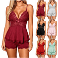 thumbnail image 1 of Qingpeng Womens Lace Trim Pajama Set Deep V Neck Cami Top with Bow Detail and Peplum Hem Shorts Casual Sleepwear for Summer, 1 of 5