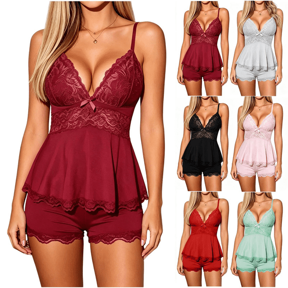 Qingpeng Womens Lace Trim Pajama Set Deep V Neck Cami Top with Bow Detail and Peplum Hem Shorts Casual Sleepwear for Summer