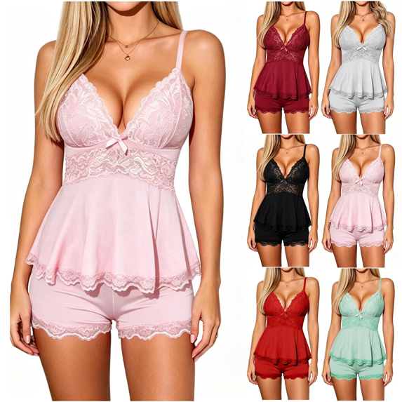 Qingpeng Womens Lace Trim Pajama Set Deep V Neck Cami Top with Bow Detail and Peplum Hem Shorts Casual Sleepwear for Summer