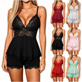 thumbnail image 1 of Qingpeng Womens Lace Trim Pajama Set Deep V Neck Cami Top with Bow Detail and Peplum Hem Shorts Casual Sleepwear for Summer, 1 of 5