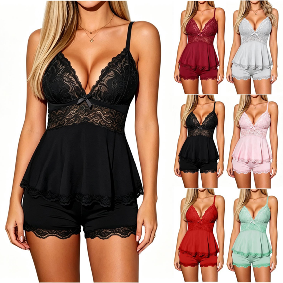 Qingpeng Womens Lace Trim Pajama Set Deep V Neck Cami Top with Bow Detail and Peplum Hem Shorts Casual Sleepwear for Summer