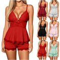 thumbnail image 1 of Qingpeng Womens Lace Trim Pajama Set Deep V Neck Cami Top with Bow Detail and Peplum Hem Shorts Casual Sleepwear for Summer, 1 of 5