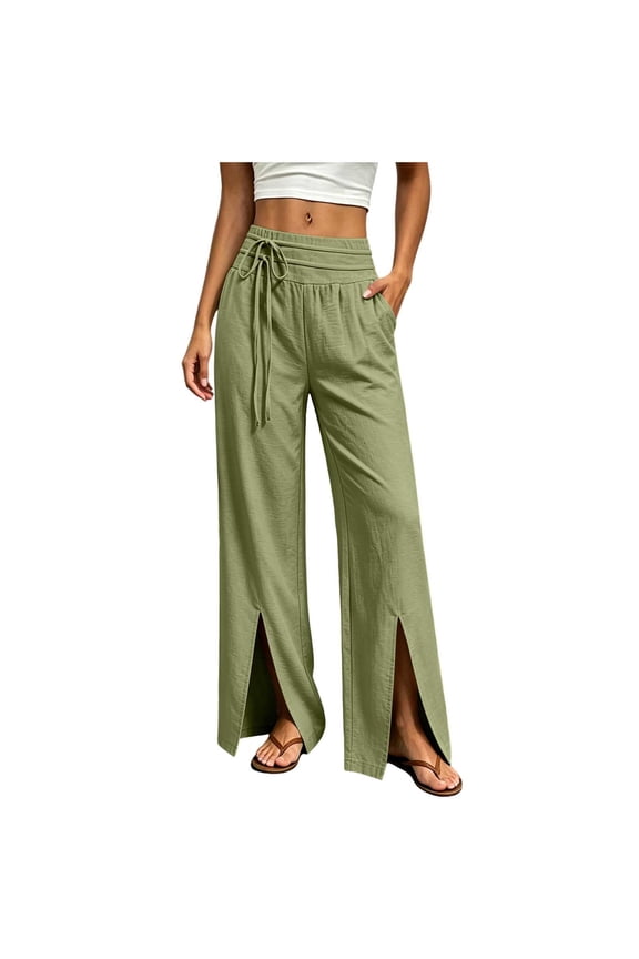 Womens Lightweight Wide Leg Pants Elastic Drawstring Waisted Front Split Hem Casual Trousers with Pockets