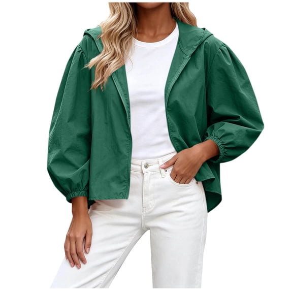 Qingpeng Womens Lightweight Zipper Up Hooded Jacket Balloon Sleeves Elastic Cuffs Casual Tops for Spring Fall Wear and Outdoor Activities