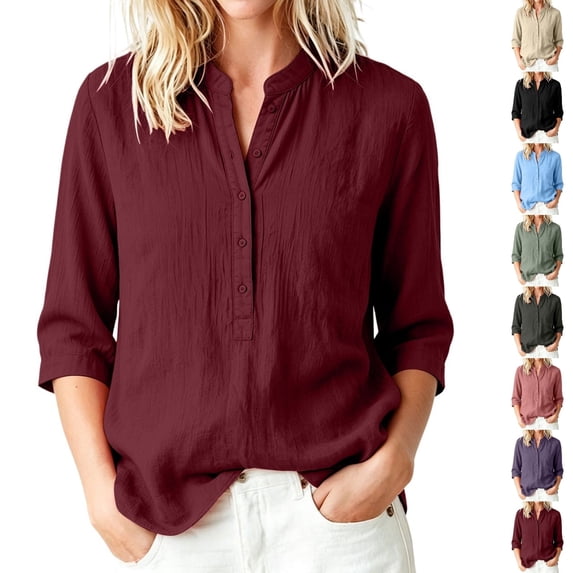 Qingpeng Womens Linen Collar Shirts Button Up 3/4 Sleeve Tunic Tops Trendy Gauze Blouses Fall Dressy Solid Color Work Shirt
