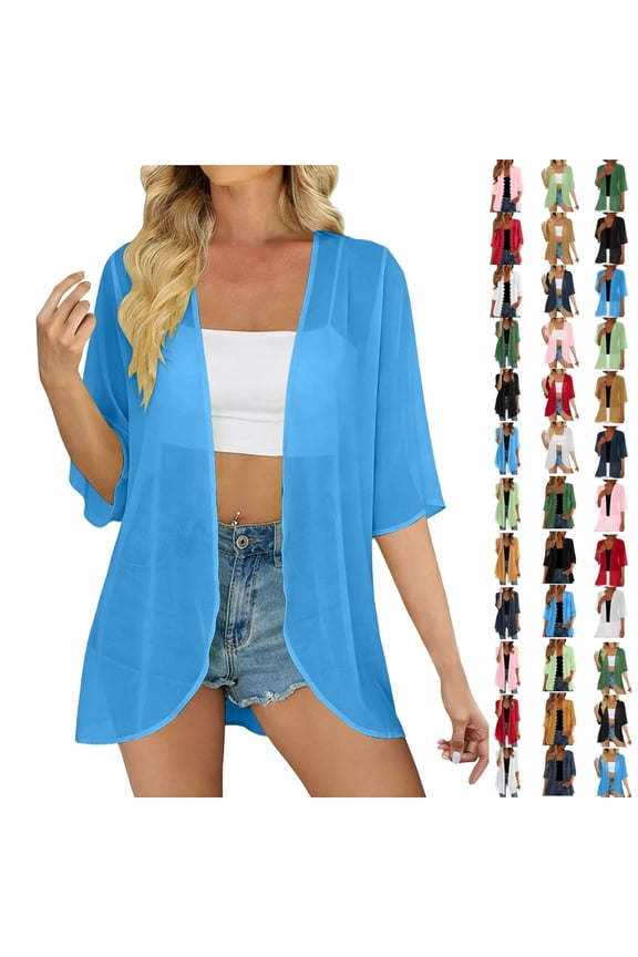 Womens Mesh Sheer Beach Cover Up Open Front Chiffon Cardigan Summer Casual Solid Color Boho Coverup Tops