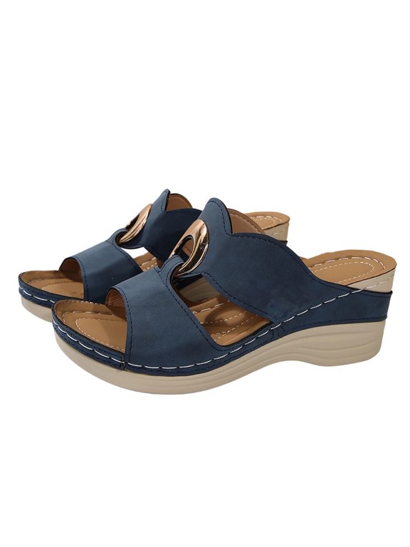 Womens Metal Ring Decor Two Strap Wedge Slide Sandals Open Toe Stitched Trim Platform Soft Insole Non Slip Outdoor Footwear