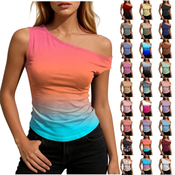 Qingpeng Womens One Shoulder Gradient Color T Shirt Asymmetrical Neck Fitted Blouse Trendy Summer Casual Tops for Every Wear