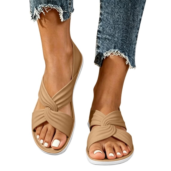 Qingpeng Womens Open Toe Flat Slide Sandals Crisscross Knotted Straps Padded Footbed Slip On Summer Walking Shoes