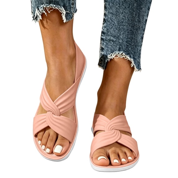 Qingpeng Womens Open Toe Flat Slide Sandals Crisscross Knotted Straps Padded Footbed Slip On Summer Walking Shoes