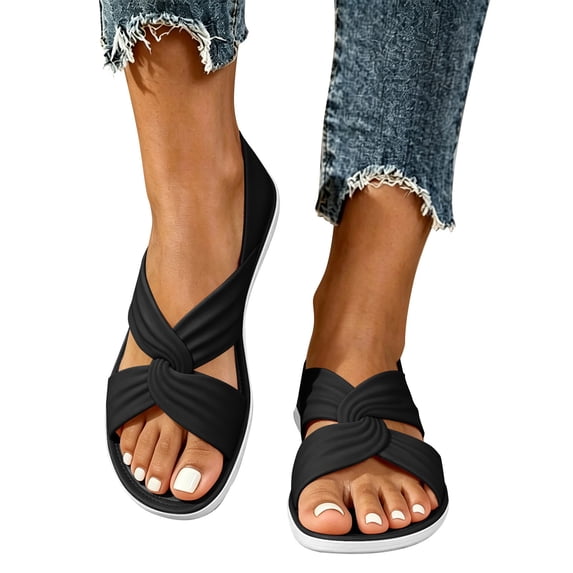 Qingpeng Womens Open Toe Flat Slide Sandals Crisscross Knotted Straps Padded Footbed Slip On Summer Walking Shoes