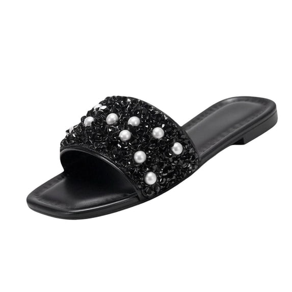 Qingpeng Womens Open Toe Flat Slide Sandals Square Toe Summer Shoes with Pearl and Sequin Embellishment for Casual Beach Wear