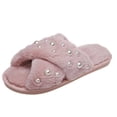 thumbnail image 1 of Qingpeng Womens Open Toe Twisted Band Plush Slide Slippers Cozy Soft Indoor House Shoes with Scattered Pearl Embellishment for Winter, 1 of 5