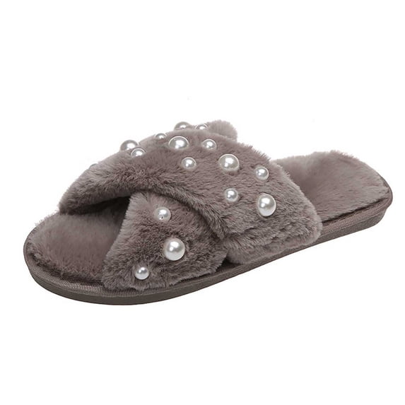 Qingpeng Womens Open Toe Twisted Band Plush Slide Slippers Cozy Soft Indoor House Shoes with Scattered Pearl Embellishment for Winter