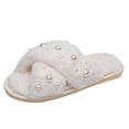 thumbnail image 1 of Qingpeng Womens Open Toe Twisted Band Plush Slide Slippers Cozy Soft Indoor House Shoes with Scattered Pearl Embellishment for Winter, 1 of 7