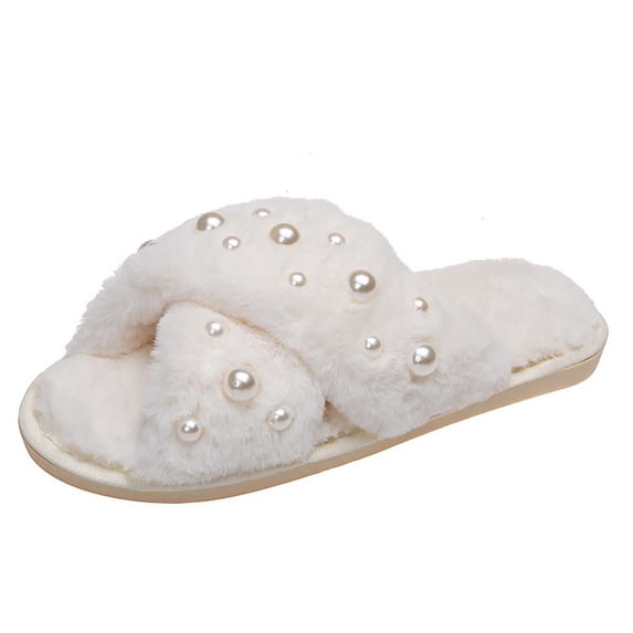 Qingpeng Womens Open Toe Twisted Band Plush Slide Slippers Cozy Soft Indoor House Shoes with Scattered Pearl Embellishment for Winter