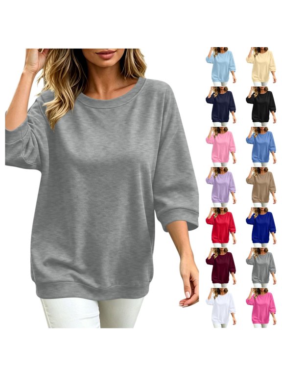 Womens Oversized 3/4 Length Sleeve T Shirts Fall Fashion Casual Crew Neck Pullover Loose Fit Tunic Tops