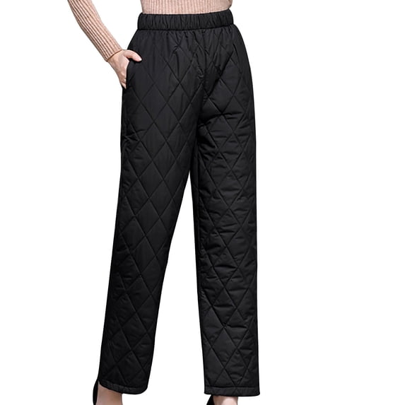 Qingpeng Womens Padded Quilted Down Pants Elastic High Waisted Trousers Winter Warm Windproof Ski Snow Pants with Pockets