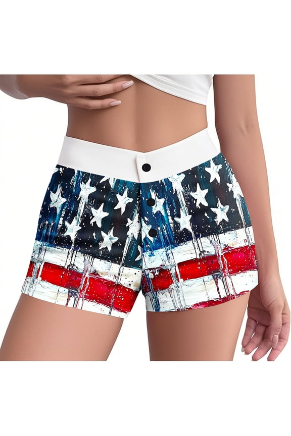 Womens Patriotic American Flag Printed Sleep Shorts High Waisted Contrast Trim Button Fly Pajamas Shorts