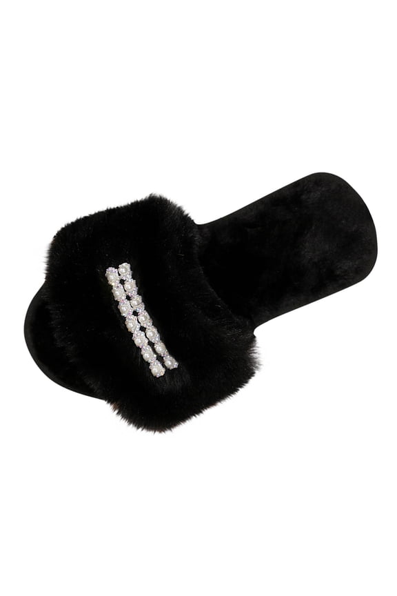 Womens Pearl Rhinestone Decor Fuzzy Slide Slippers Wide Strap Fluffy Faux Fur Open Toe Flat Non Slip Indoor Warm Home Footwear