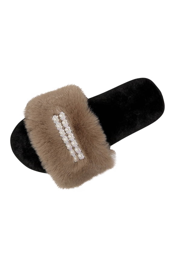 Womens Pearl Rhinestone Decor Fuzzy Slide Slippers Wide Strap Fluffy Faux Fur Open Toe Flat Non Slip Indoor Warm Home Footwear