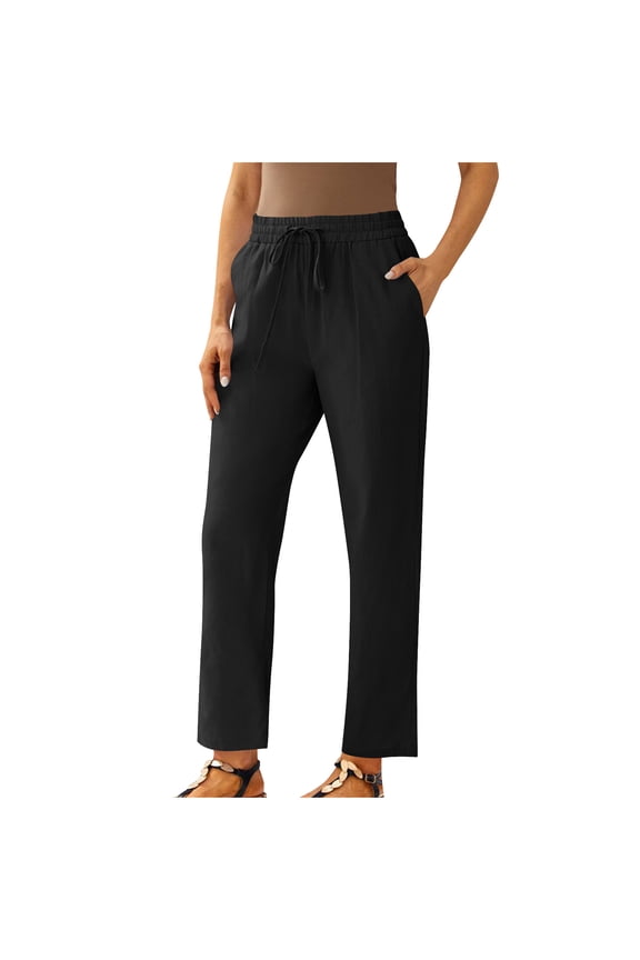 Womens Petite Cotton Linen Cropped Pants Drawstring High Waisted Straight Leg Trousers with Pockets
