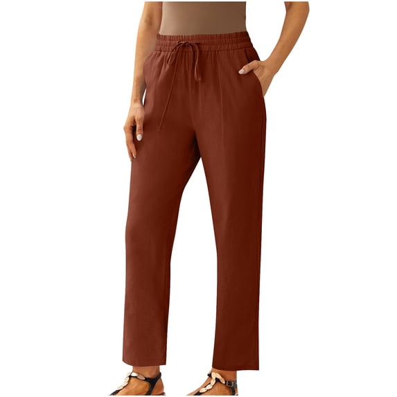 Qingpeng Womens Petite Cotton Linen Cropped Pants Drawstring High Waisted Straight Leg Trousers with Pockets
