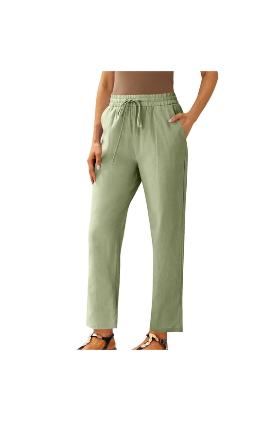 Womens Petite Cotton Linen Cropped Pants Drawstring High Waisted Straight Leg Trousers with Pockets