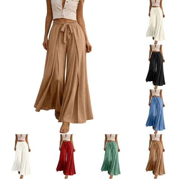 Qingpeng Womens Pleated Wide Leg Pants High Waisted Loose Fit Flowy Trousers Dressy Fashion Casual Beach Vacation Palazzo Pants
