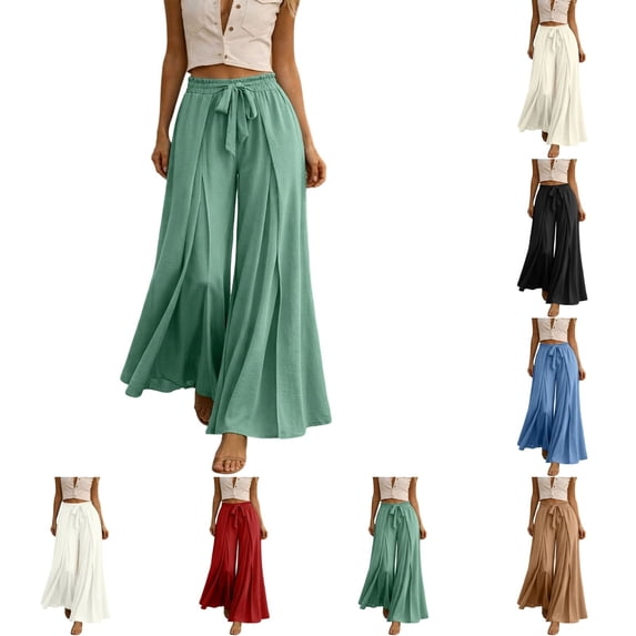 Qingpeng Womens Pleated Wide Leg Pants High Waisted Loose Fit Flowy Trousers Dressy Fashion Casual Beach Vacation Palazzo Pants