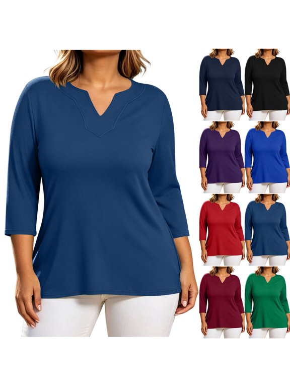 Womens Plus Size 3/4 Sleeve Notch V Neck Tunic Tops Dressy Casual Loose Fit Pullover Tee Shirts Solid Color Blouses