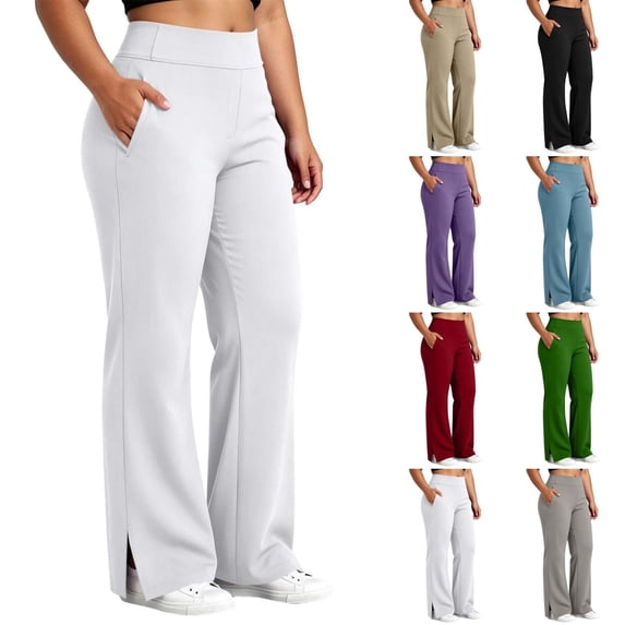 Qingpeng Womens Plus Size Elastic High Waisted Bootcut Yoga Pants Side Slit Hem High Stretch Casual Sports Trousers with Pockets