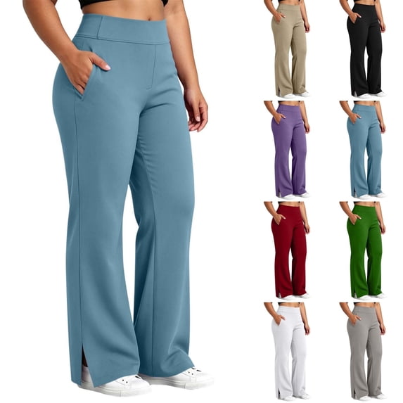 Qingpeng Womens Plus Size Elastic High Waisted Bootcut Yoga Pants Side Slit Hem High Stretch Casual Sports Trousers with Pockets