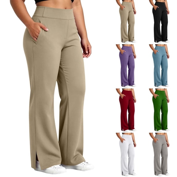 Qingpeng Womens Plus Size Elastic High Waisted Bootcut Yoga Pants Side Slit Hem High Stretch Casual Sports Trousers with Pockets