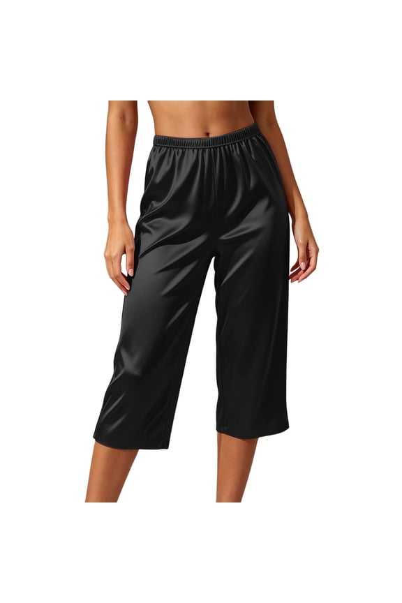 Womens Plus Size Elastic Waist Ice Silk Satin Sleep Capri Pants Baggy Fit Comfy Casual Loungewear