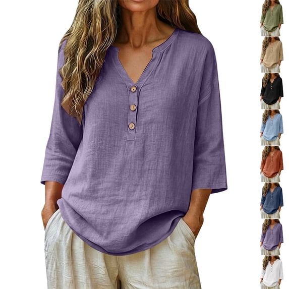 Qingpeng Womens Plus Size Linen Button 3/4 Sleeve Shirts Summer Causal Flowy Boho Gauze Tops Breathable Loose Fit Peasant Blouses