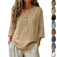 thumbnail image 1 of Qingpeng Womens Plus Size Linen Button 3/4 Sleeve Shirts Summer Causal Flowy Boho Gauze Tops Breathable Loose Fit Peasant Blouses, 1 of 8