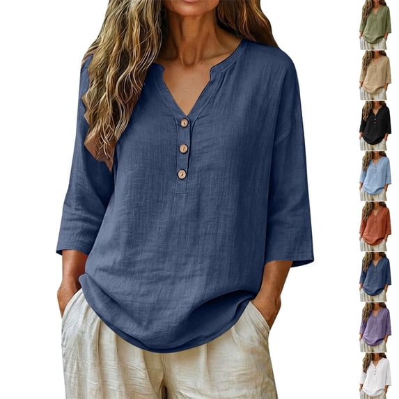 Qingpeng Womens Plus Size Linen Button 3/4 Sleeve Shirts Summer Causal Flowy Boho Gauze Tops Breathable Loose Fit Peasant Blouses