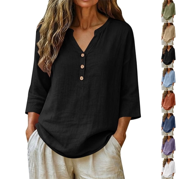 Qingpeng Womens Plus Size Linen Button 3/4 Sleeve Shirts Summer Causal Flowy Boho Gauze Tops Breathable Loose Fit Peasant Blouses